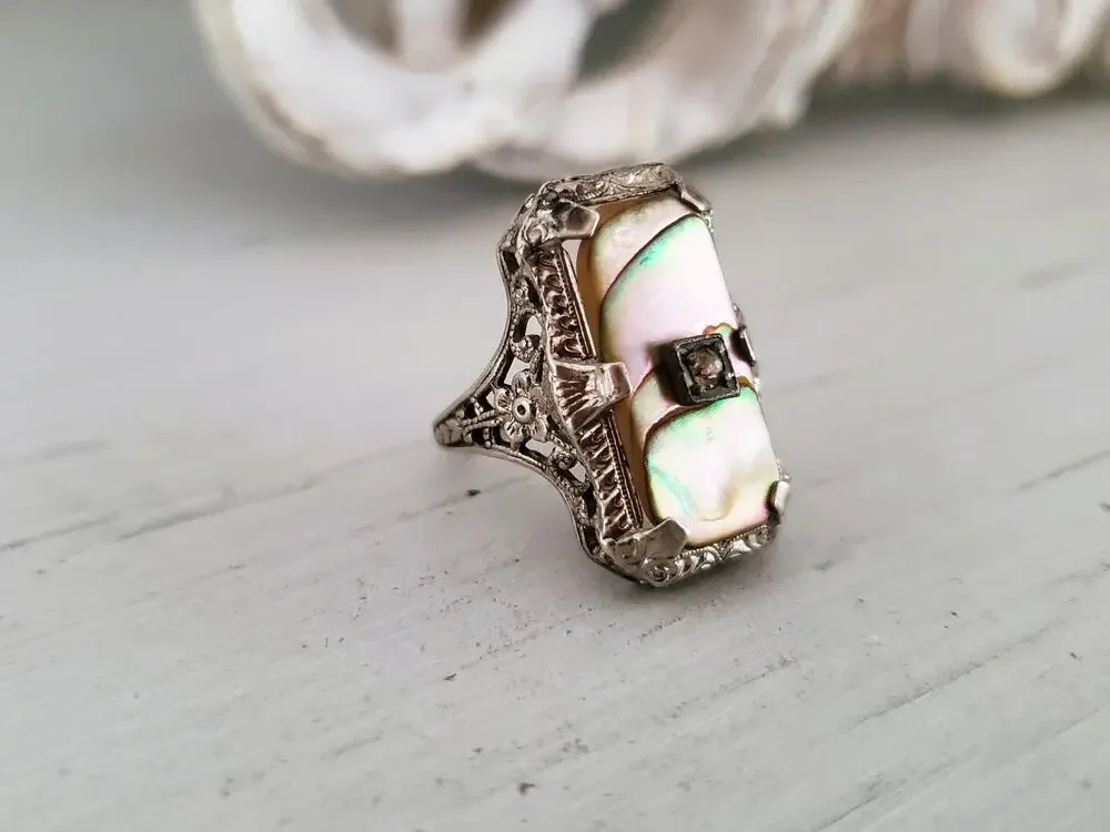 Vintage Art Deco Mother of Pearl Sterling Silver Pinky Ring
